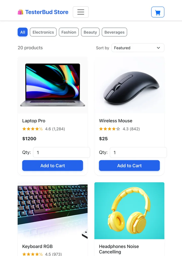 Automating the QA Practice e-commerce practice store — product grid, search, and cart